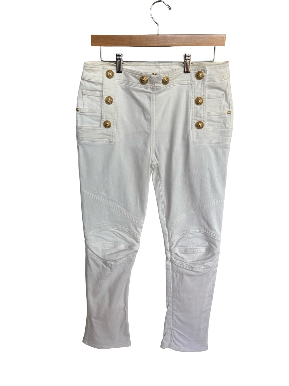 Balmain Women’s White Sailor Gold Button Moto Distressed Skinny Jeans 42